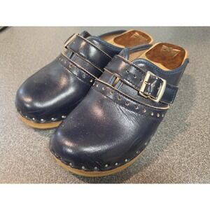 BASTAD TOFFELN Swedish Clogs Navy Blue Leather Wood Buckle Mules EU 36 US 6